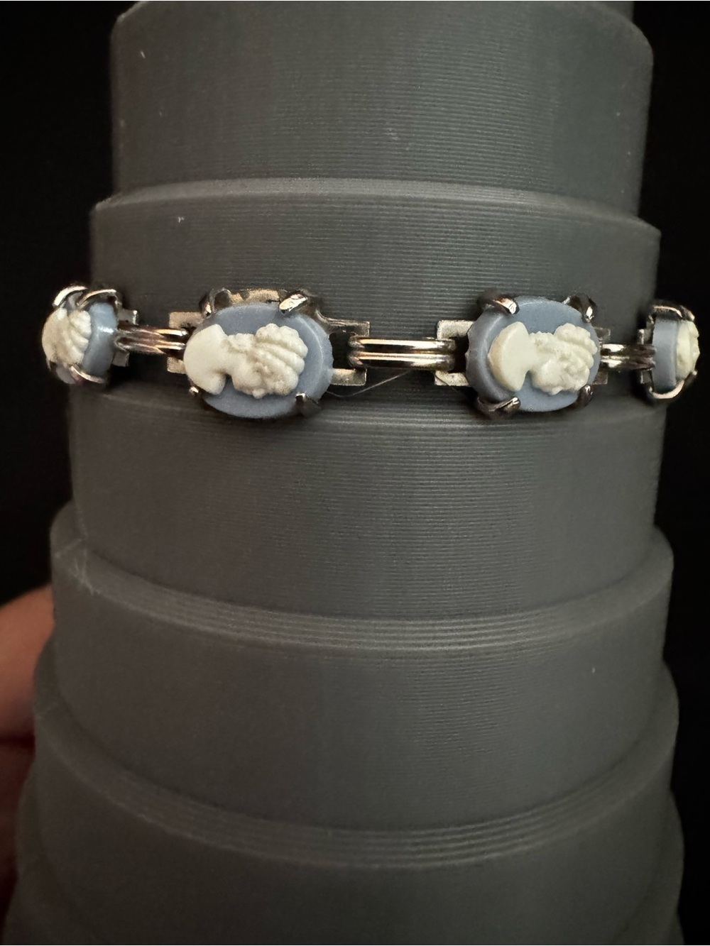 Vintage Blue and White Cameo Link Bracelet - Women Costume Jewelry